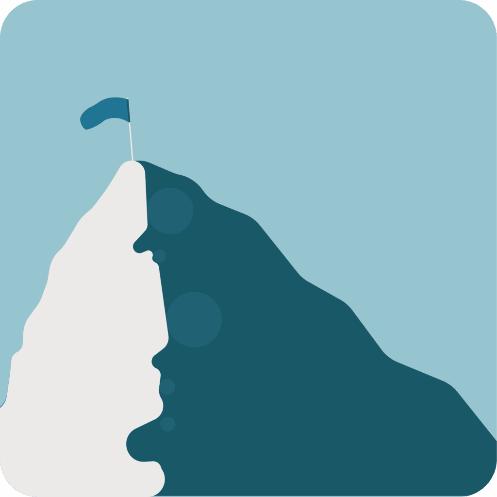 Minimalist illustration of a mountain peak with a flag planted at the summit.