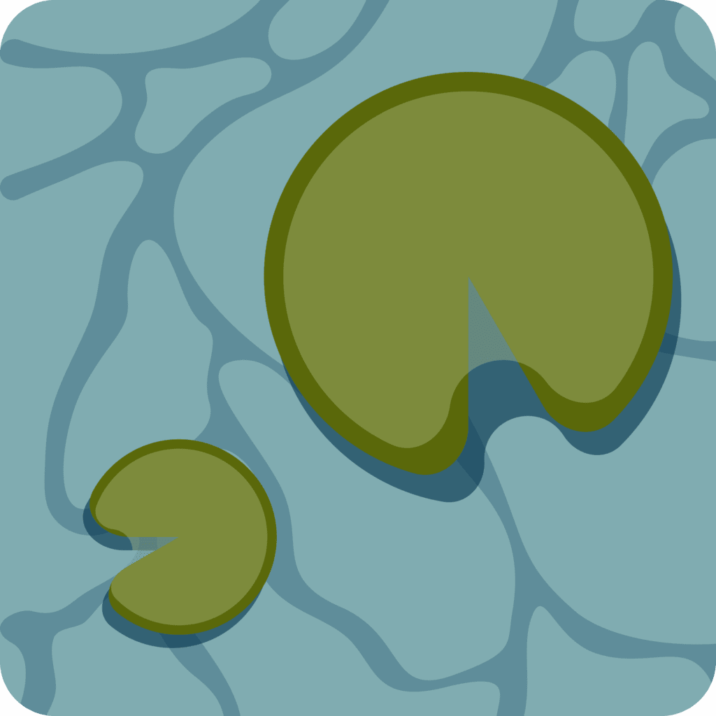 Top view of two green lily pads floating on blue water.