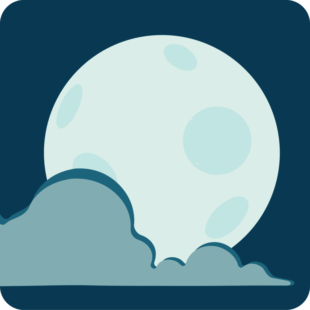 Illustration of a full moon above blue clouds in a dark night sky.