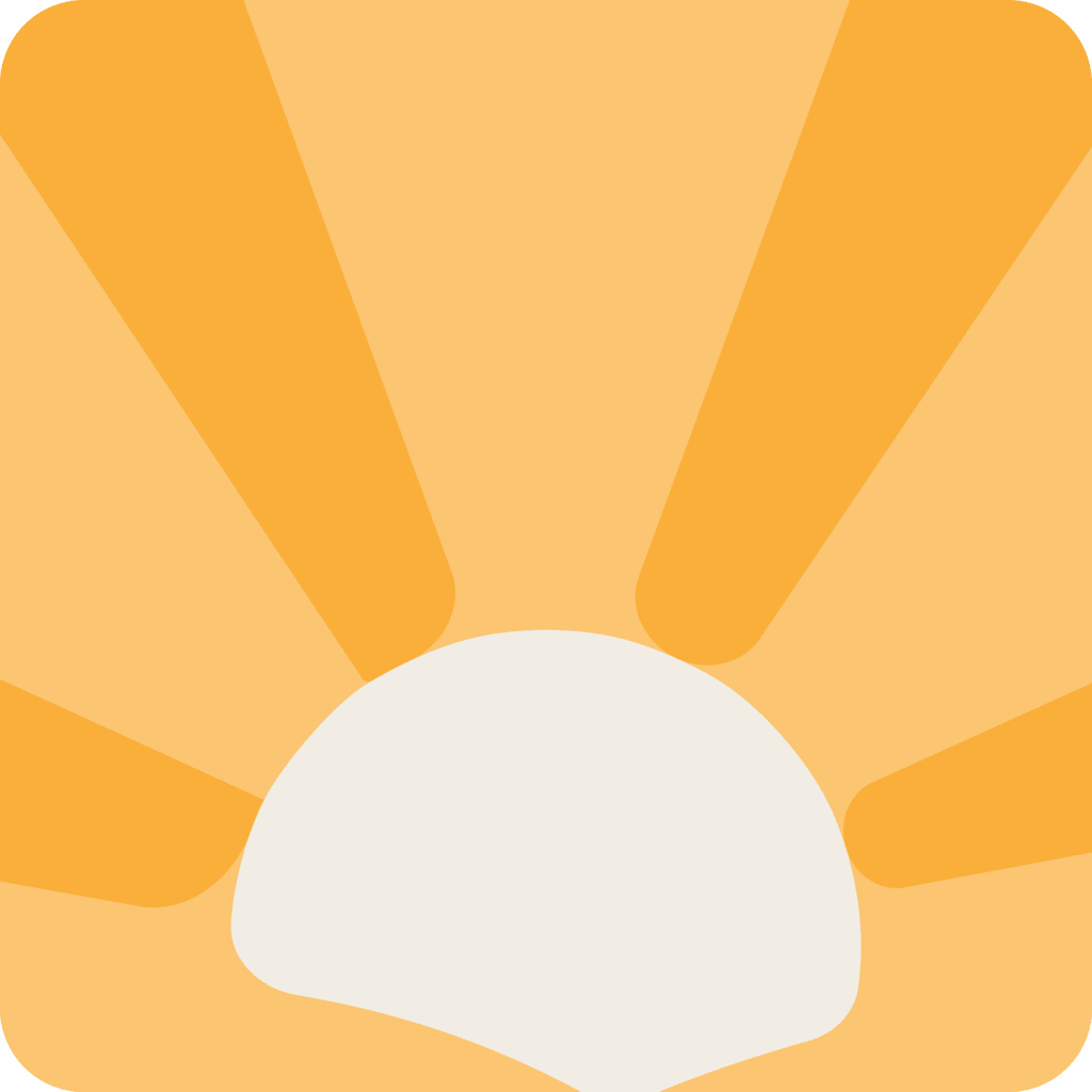 Graphic of a rising sun with orange rays against a warm yellow background.