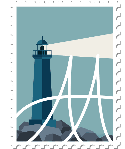 Illustration of a lighthouse shining a beam of light over rocks, with AMA logo lines in foreground.