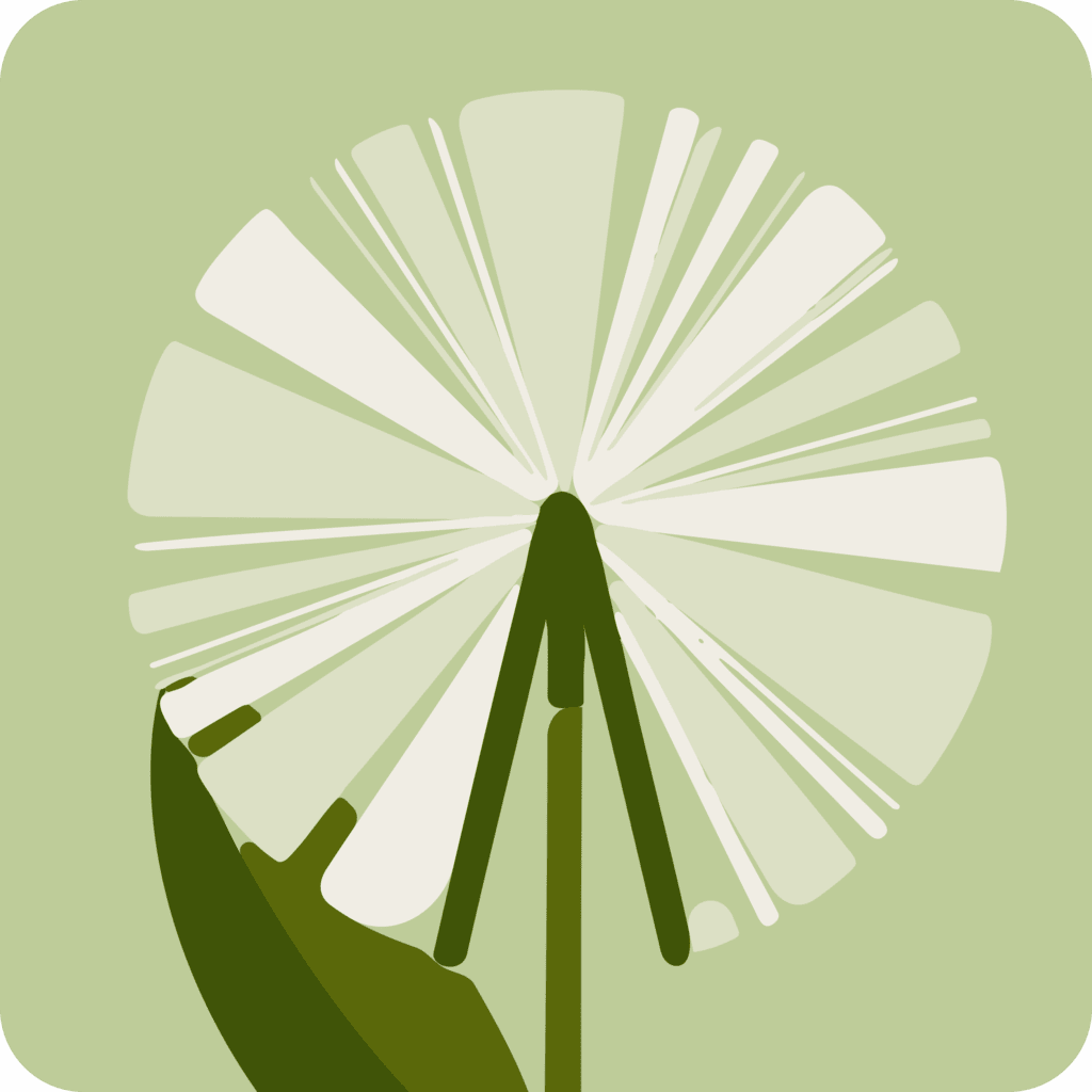 Illustration of a white dandelion puff with green stem and leaves against a light green background.