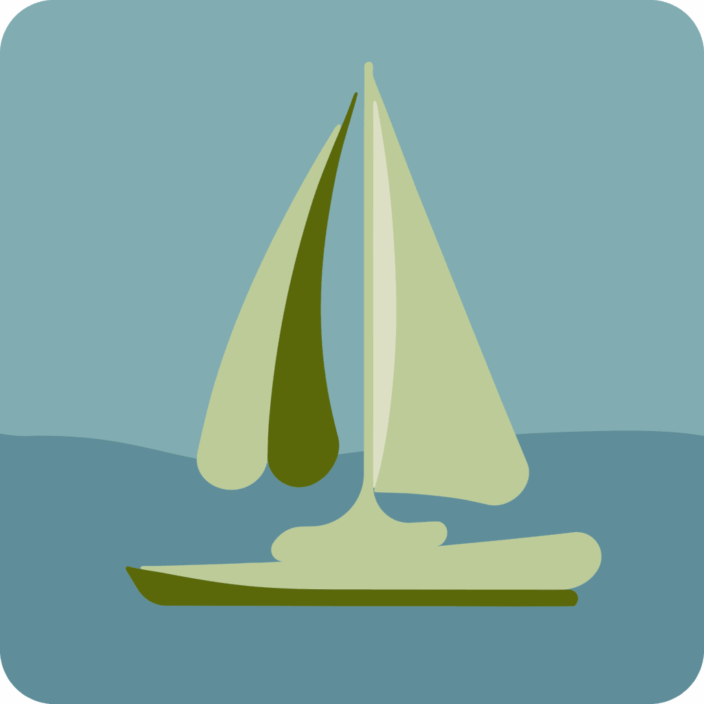 Minimalist illustration of a green sailboat with sails unfurled on blue water.