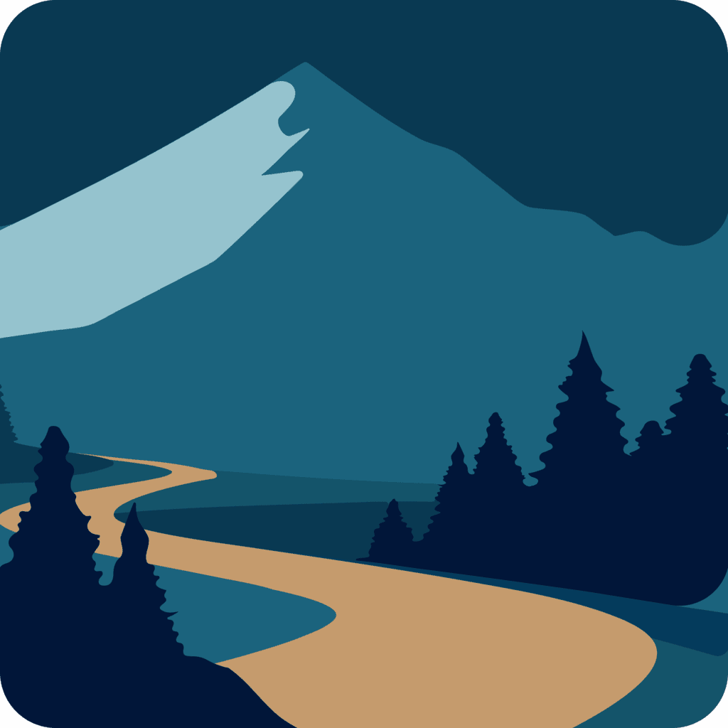 Illustration of a winding golden path leading to mountains with pine trees in the foreground.