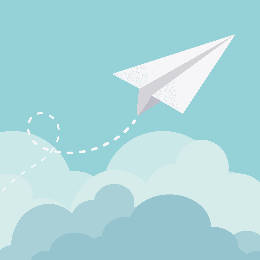 Illustration of a paper airplane flying above blue clouds with a dashed flight path.
