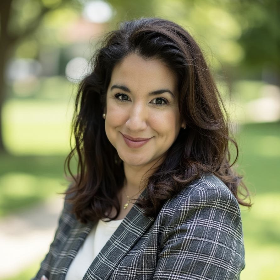 Andrea with Professional look, long dark hair, wearing a plaid blazer and white blouse, smiling outdoors with blurred greenery in the background. AMA Behavioral Health
