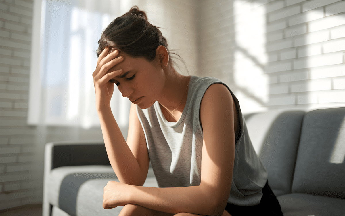 Stressed woman in deep thought sitting on a couch, holding her head, potentially dealing with personal struggles related to mental health or the question "is ocd a disability".